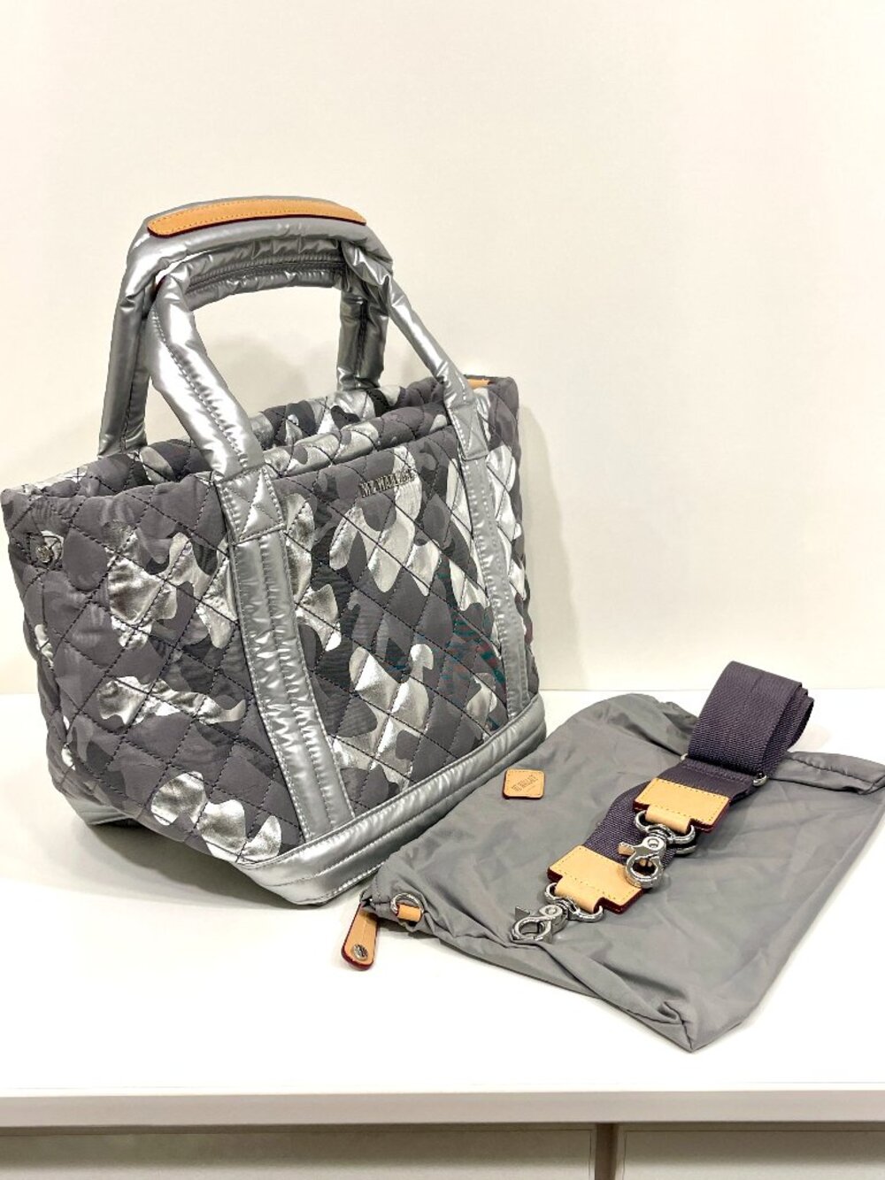 MZ Wallace Small Empire Tote | Silver Metallic Camo | Crossbody Strap + Pouch - Picture 4 of 9